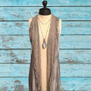 ‼️SOLD‼️Sage Boho Lace Long Fringe Cardi Vest L